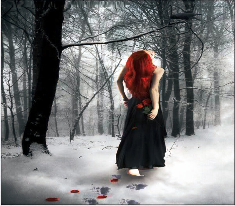 Woman with Red Hair in Forest — Dramatic, Winter