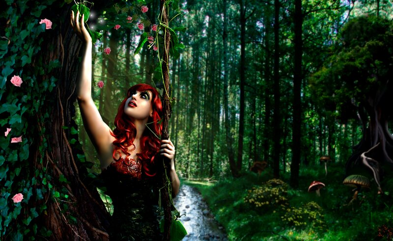 Woman with Red Hair in Forest — Green, Mysterious