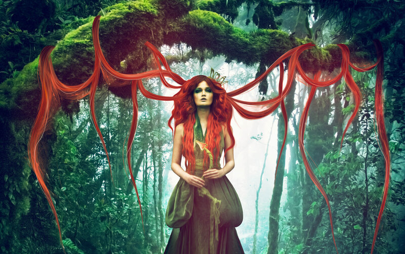 Woman with Red Hair in Forest — Green, Mystical