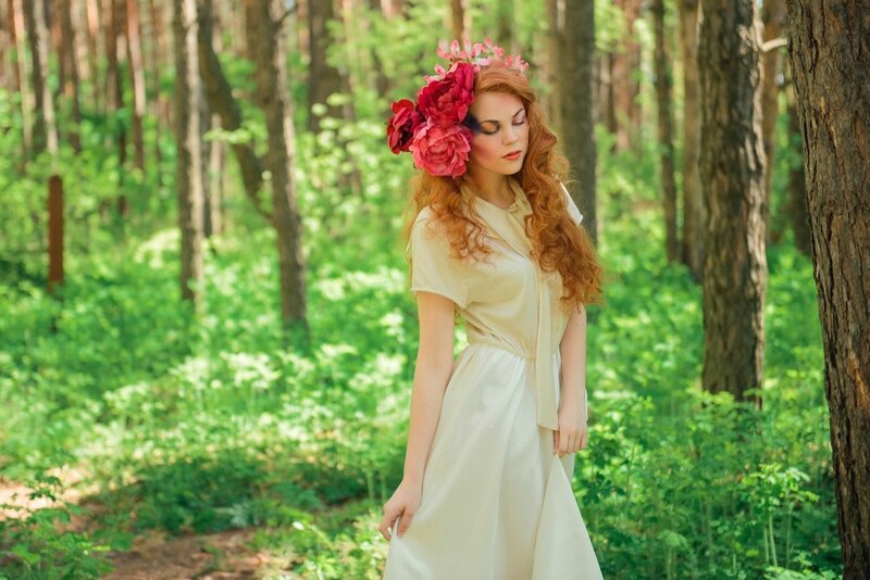 Woman with Red Hair in Forest — Green, Serene, Afternoon