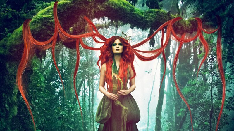 Woman with Red Hair in Forest — Mystical, Digital Art