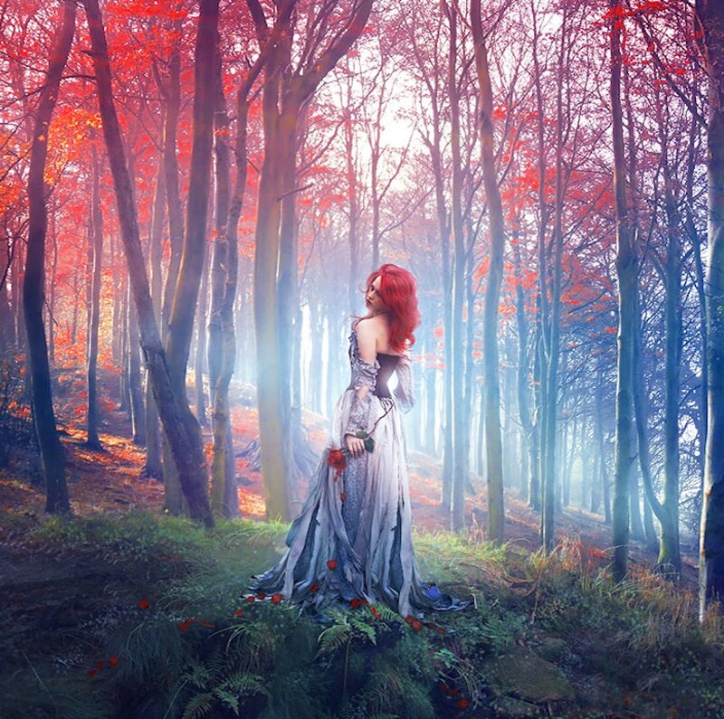 Woman with Red Hair in Forest — Mystical
