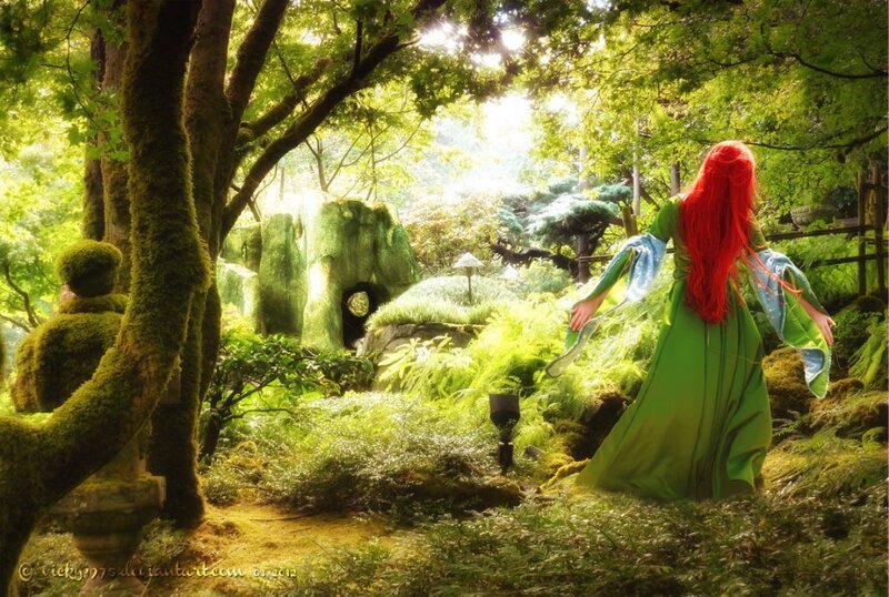 Woman with Red Hair in Garden — Green