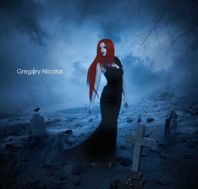 Woman with Red Hair in Graveyard