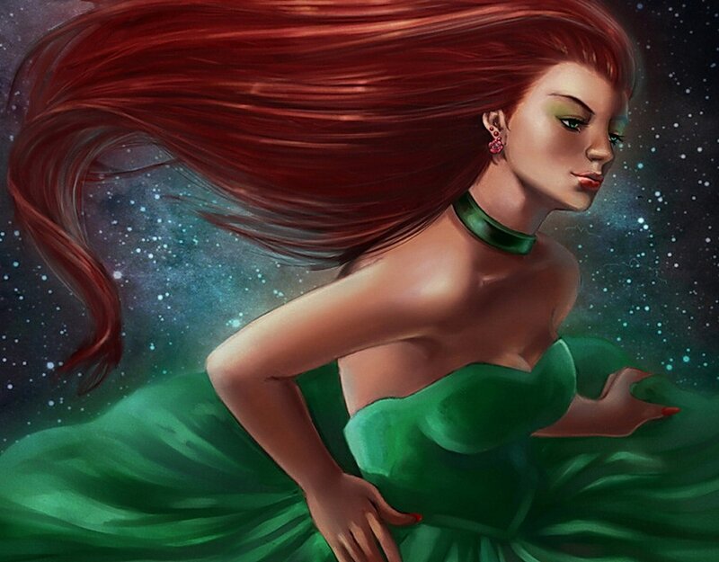 woman with red hair in green dress