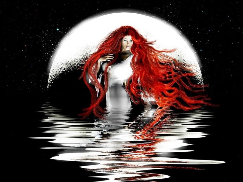 woman with red hair in moonlight