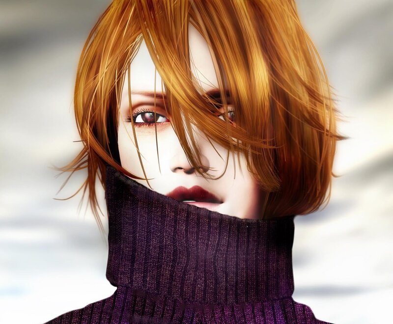 woman with red hair in purple sweater