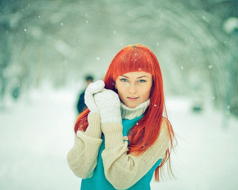 Woman with Red Hair in Snow — Calm, Winter, Photograph, Gloves