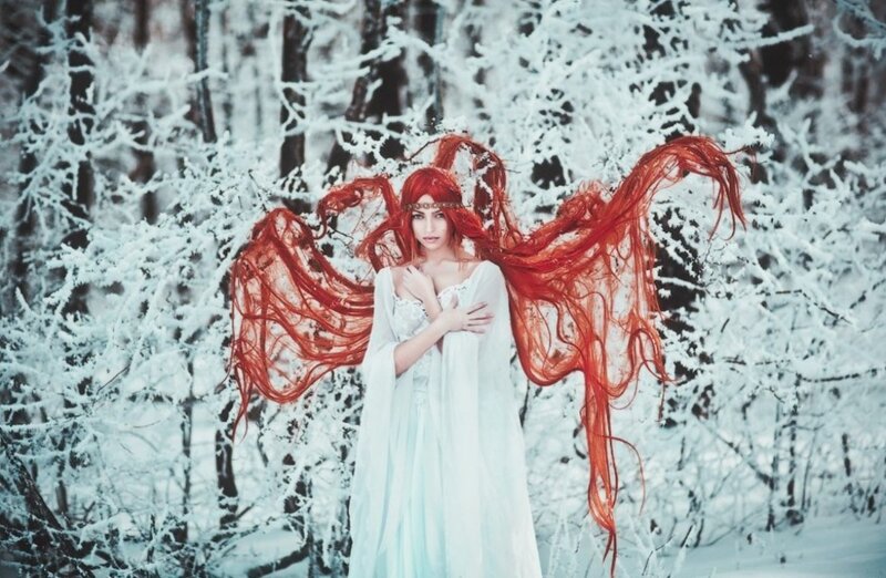 Woman with Red Hair in Snow — White, Dramatic