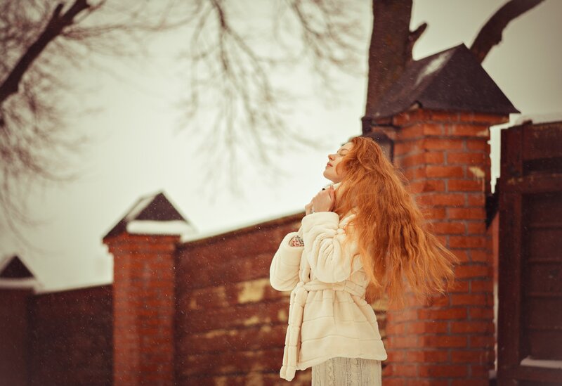 Woman with Red Hair in Snow — White, Serene, Winter