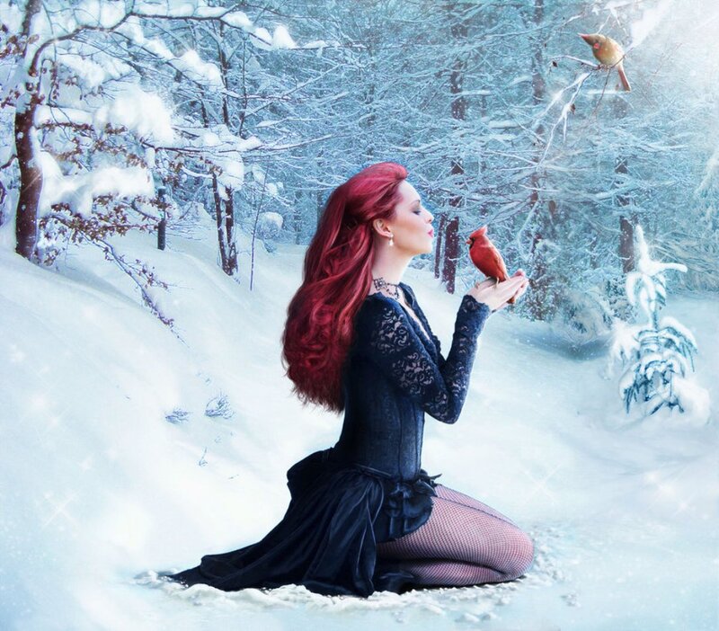 Woman with Red Hair in Snow — White