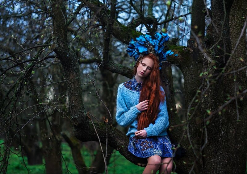Woman with Red Hair in Tree — Blue