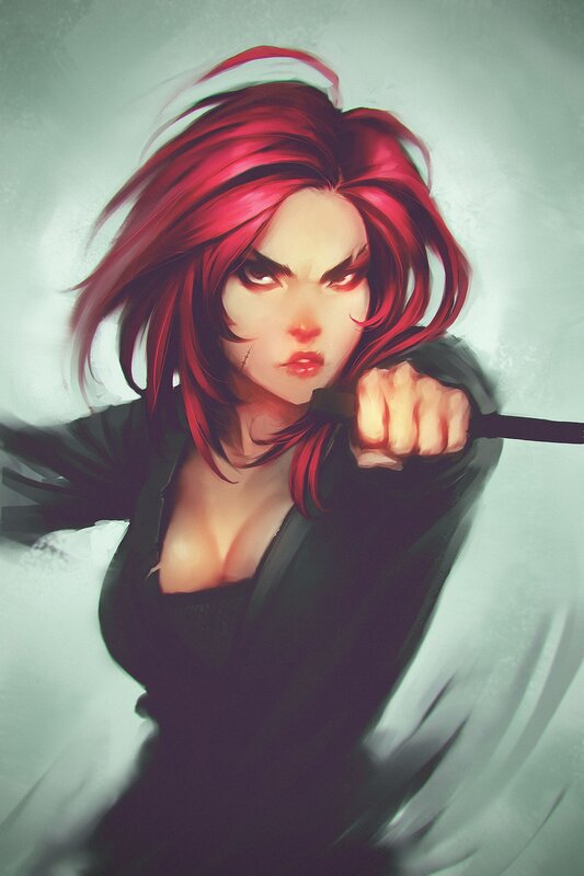 Woman with Red Hair — Intense, Digital Art, Sword