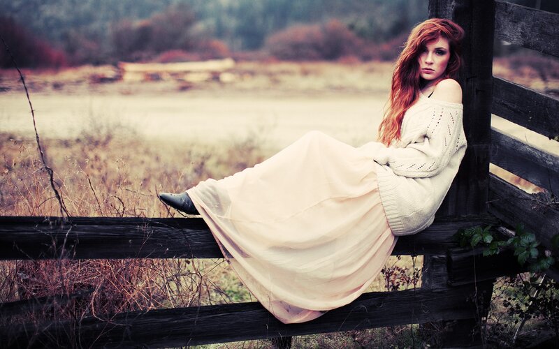 Woman with Red Hair — Melancholic, Autumn, Photograph, Wooden Fence
