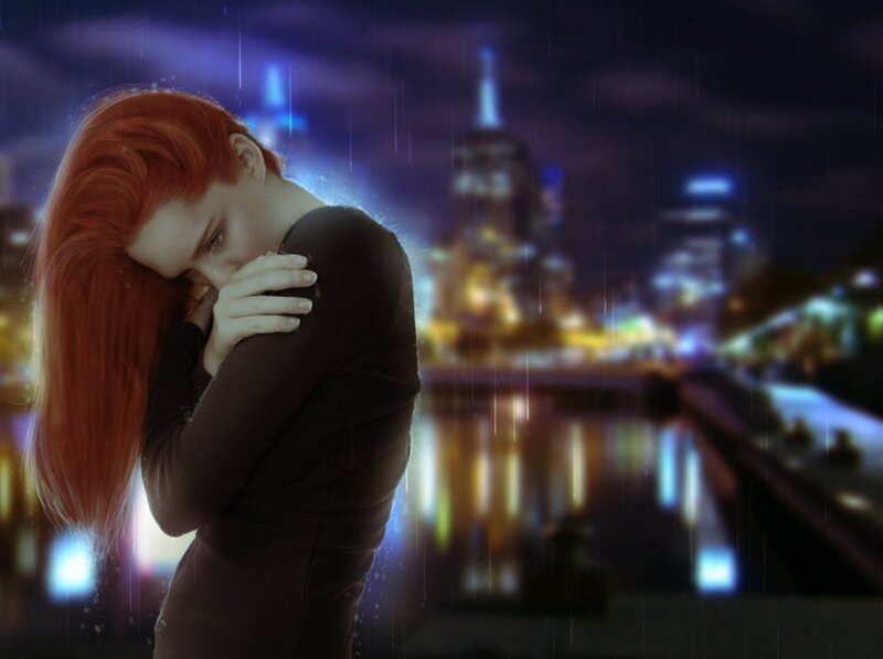 Woman with Red Hair — Melancholic, Night, Digital Art