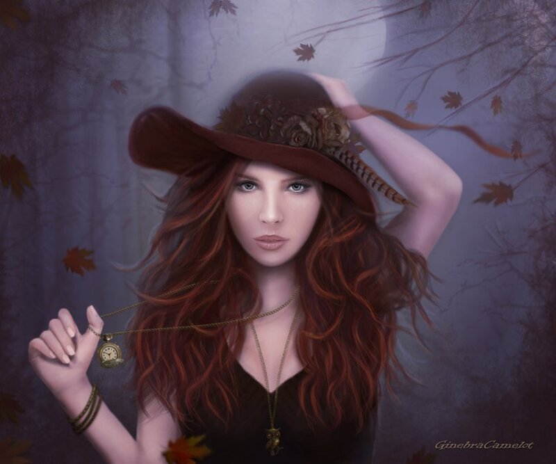 Woman with Red Hair — Mysterious, Autumn, Digital Art
