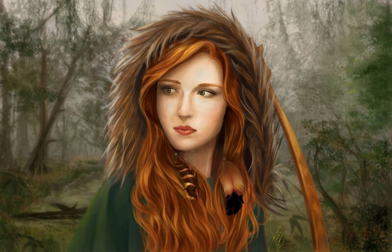 Woman with Red Hair — Mysterious, Digital Art, Forest