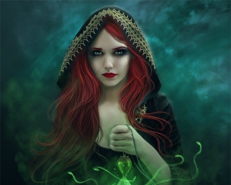 Woman with Red Hair — Mysterious, Digital Art, Hooded Cloak