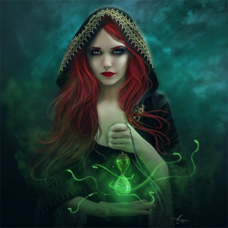 Woman with Red Hair — Mysterious, Night, Digital Art, Hourglass