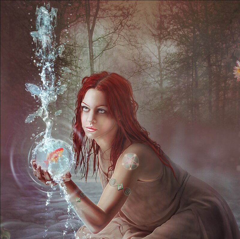 Woman with Red Hair — Mystical, Digital Art, Fish