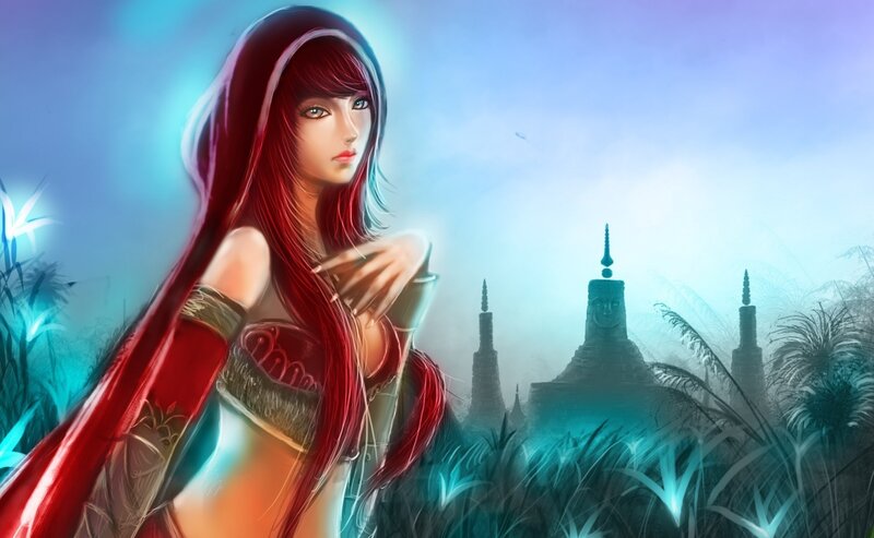Woman with Red Hair — Mystical, Digital Art, Temple