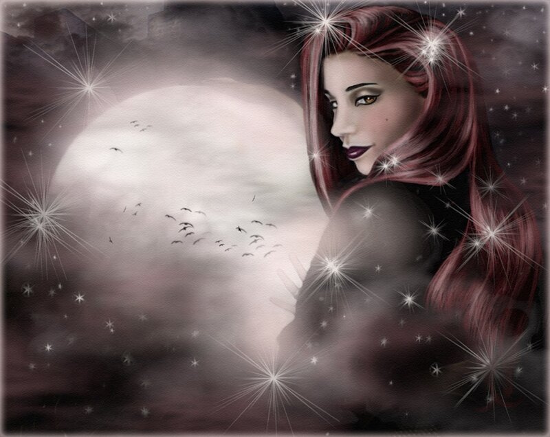 Woman with Red Hair — Mystical, Night, Digital Art, Moon