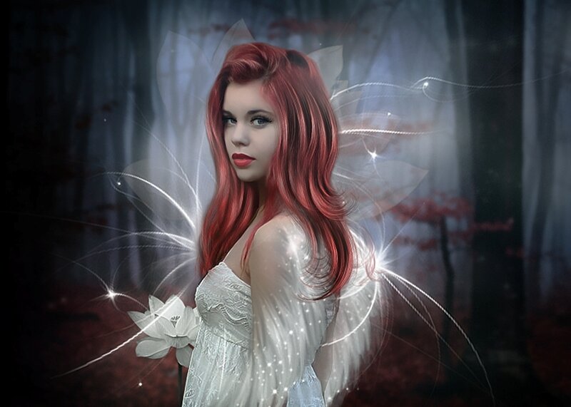 Woman with Red Hair — Mystical, Night, Digital Art, Wings, Forest