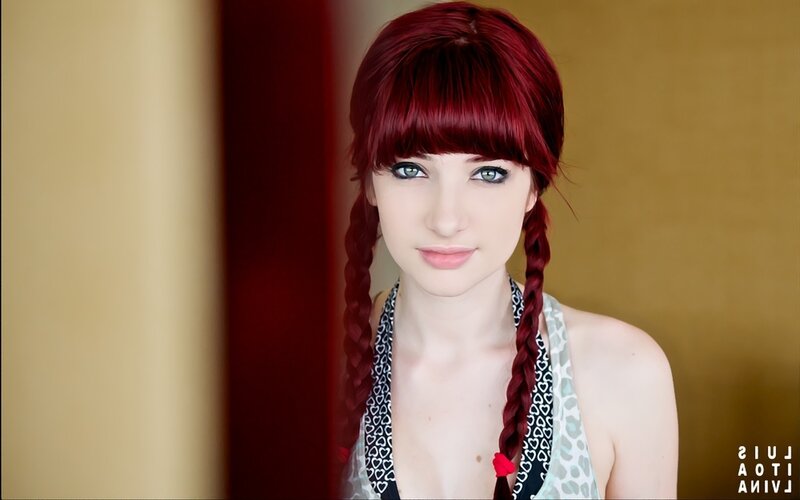 Woman with Red Hair — Neutral, Photograph, Braids, Bangs, Halter Top, Beige, Black