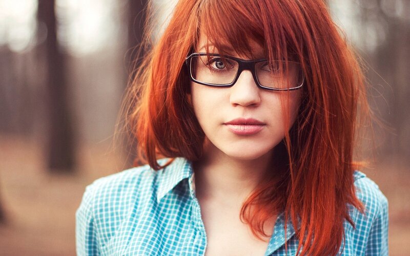 Woman with Red Hair — Neutral, Photograph, Glasses, Plaid Shirt, Forest