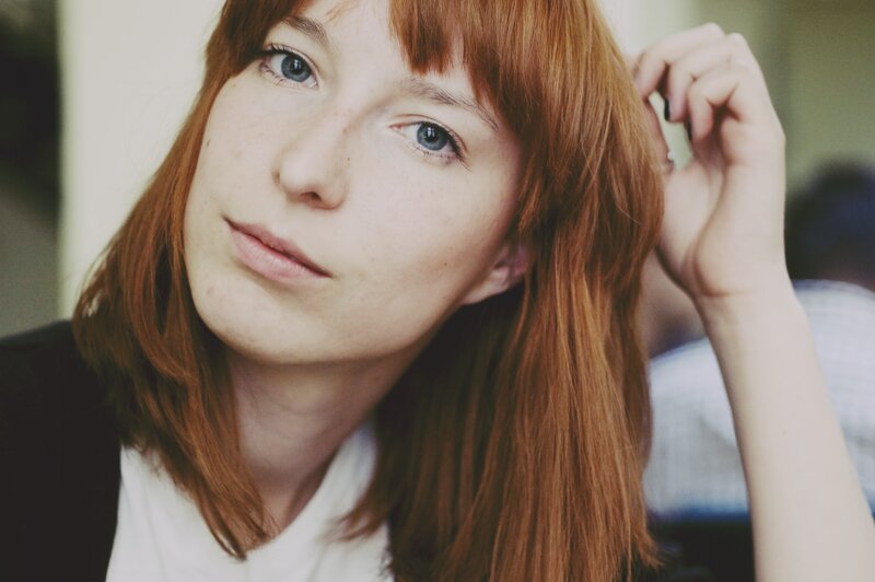 Woman with Red Hair — Neutral, Photograph, Hand, Shirt, White