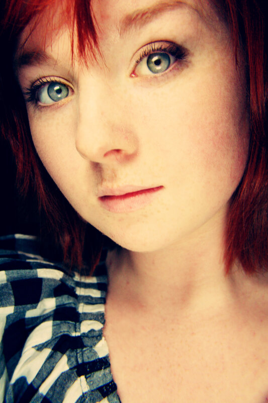 Woman with Red Hair — Neutral, Photograph, Plaid Shirt, Blue