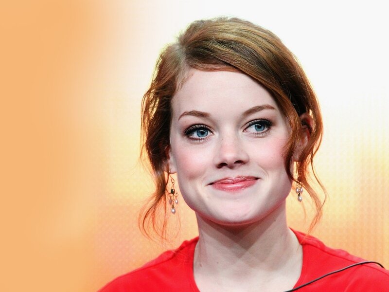 Woman with Red Hair — Neutral, Photograph, Red Shirt, Earrings