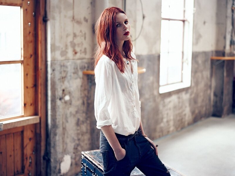 Woman with Red Hair — Neutral, Photograph, White Shirt, Jeans
