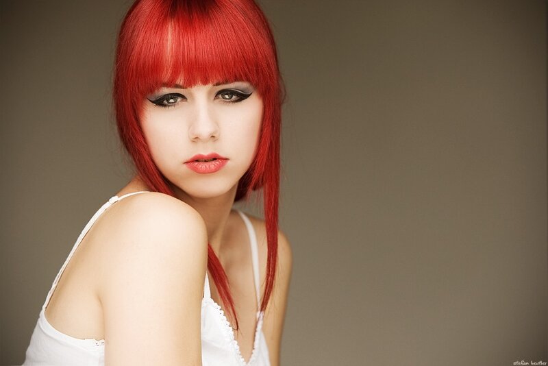 Woman with Red Hair — Neutral, Photograph, White Top, Makeup