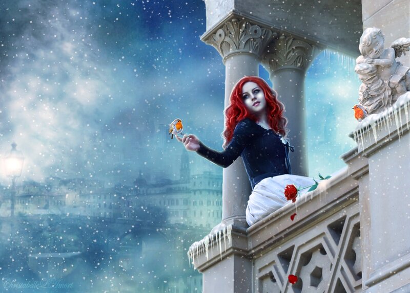 Woman with Red Hair on Balcony — Dramatic