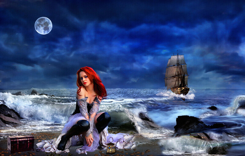 Woman with Red Hair on Beach — Blue, Dramatic