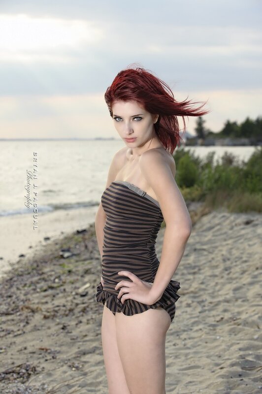 Woman with Red Hair on Beach — Dramatic, Sunset, Photograph
