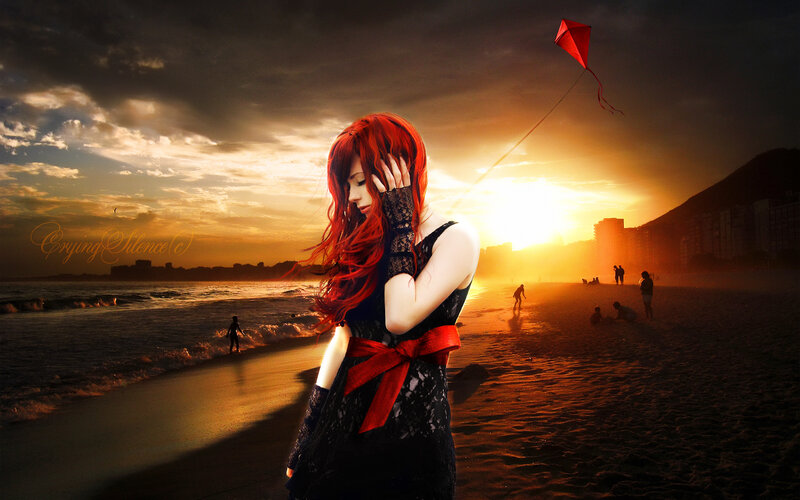 Woman with Red Hair on Beach — Dramatic, Sunset