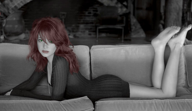 woman with red hair on couch