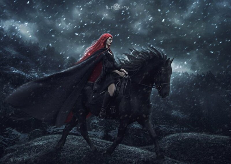 Woman with Red Hair on Horse — Black