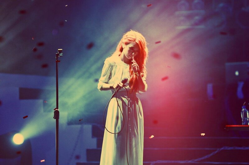 Woman with Red Hair on Stage — Dramatic, Night, Photograph