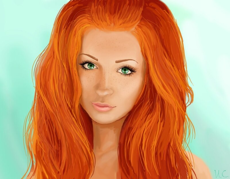 Woman with Red Hair — Orange, Calm, Digital Art, Green Eyes