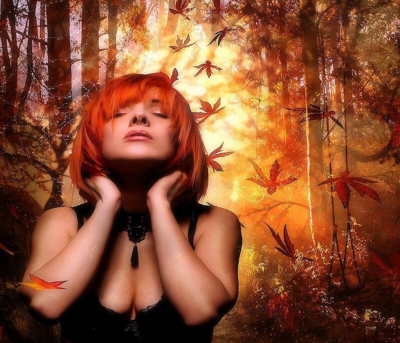 Woman with Red Hair — Orange, Dramatic, Autumn, Digital Art, Forest