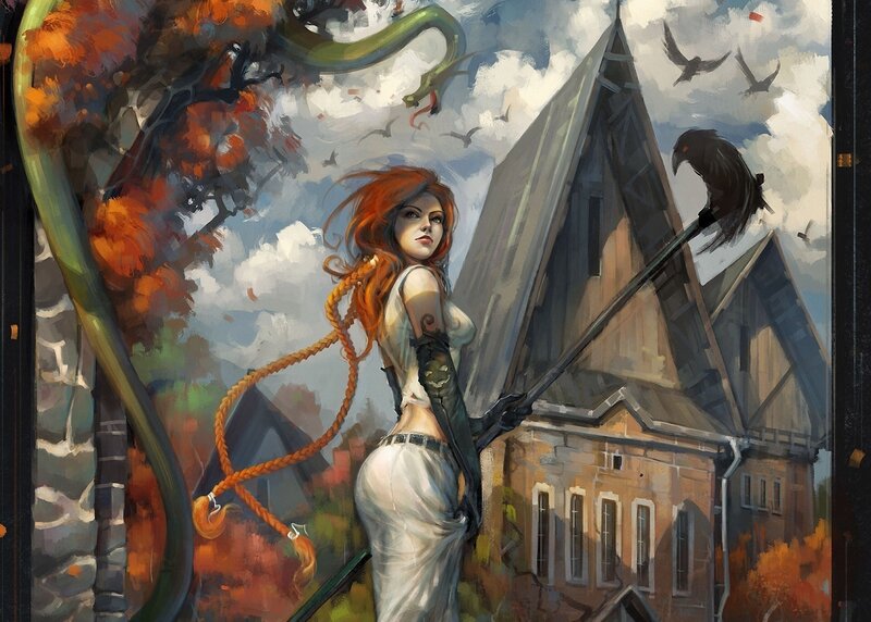 Woman with Red Hair — Orange, Dramatic, Autumn, Digital Art, Snake