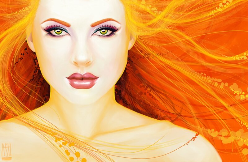 Woman with Red Hair — Orange, Dramatic, Digital Art, Green Eyes