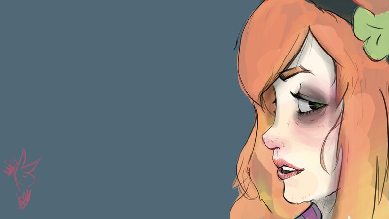 Woman with Red Hair — Orange, Dramatic, Digital Art, Green Flower