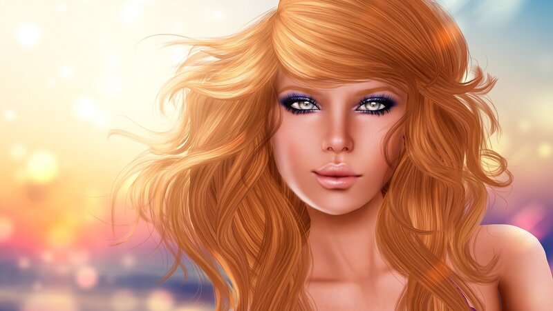 Woman with Red Hair — Orange, Dramatic, Sunset, Digital Art, Eyes, Sky