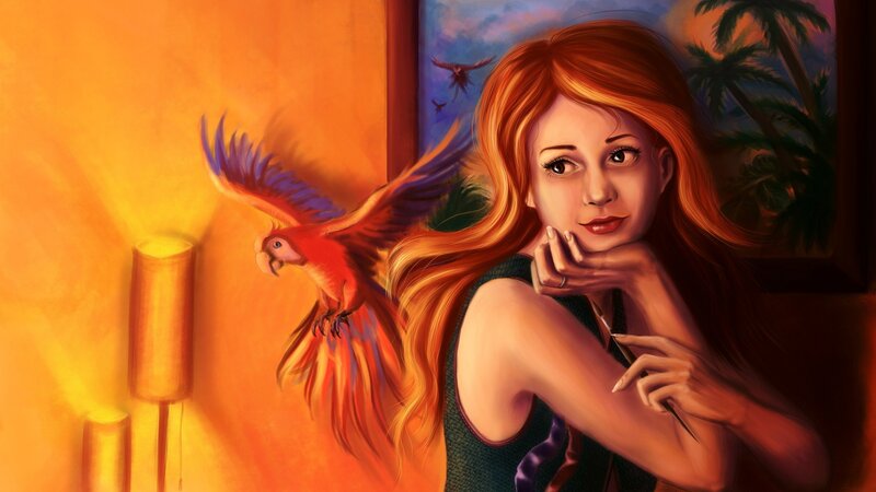 Woman with Red Hair — Orange, Dramatic, Sunset, Digital Art, Parrot