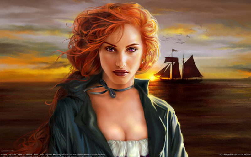 Woman with Red Hair — Orange, Dramatic, Sunset, Digital Art, Sailboat