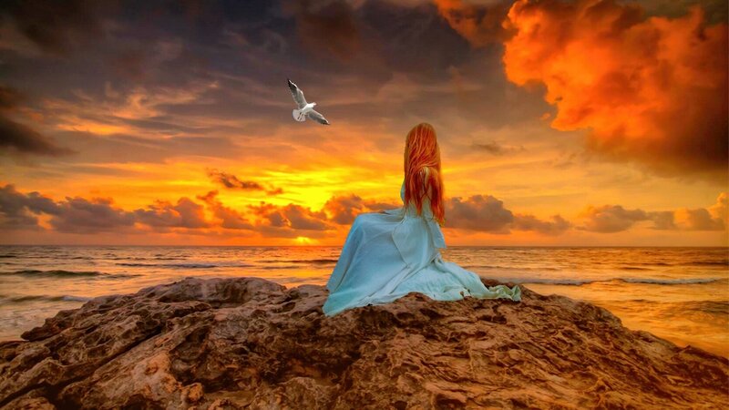 Woman with Red Hair — Orange, Dramatic, Sunset, Digital Art, Seagull